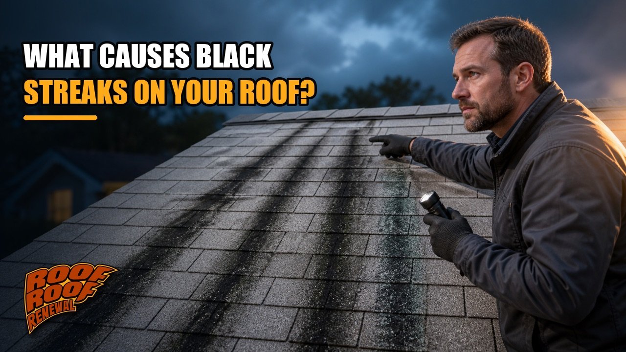 Roofing professional inspecting black algae streaks on asphalt roof shingles