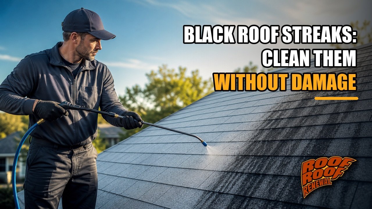 Roof cleaning technician treating black streaks on asphalt shingles with a low-pressure application