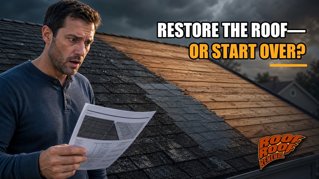 Homeowner comparing roof restoration and replacement options on an aging asphalt roof
