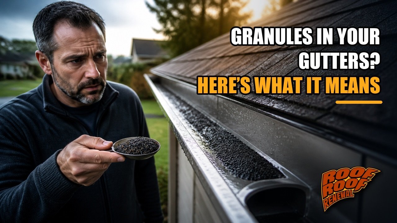 Homeowner inspecting asphalt shingle granules collected inside a roof gutter