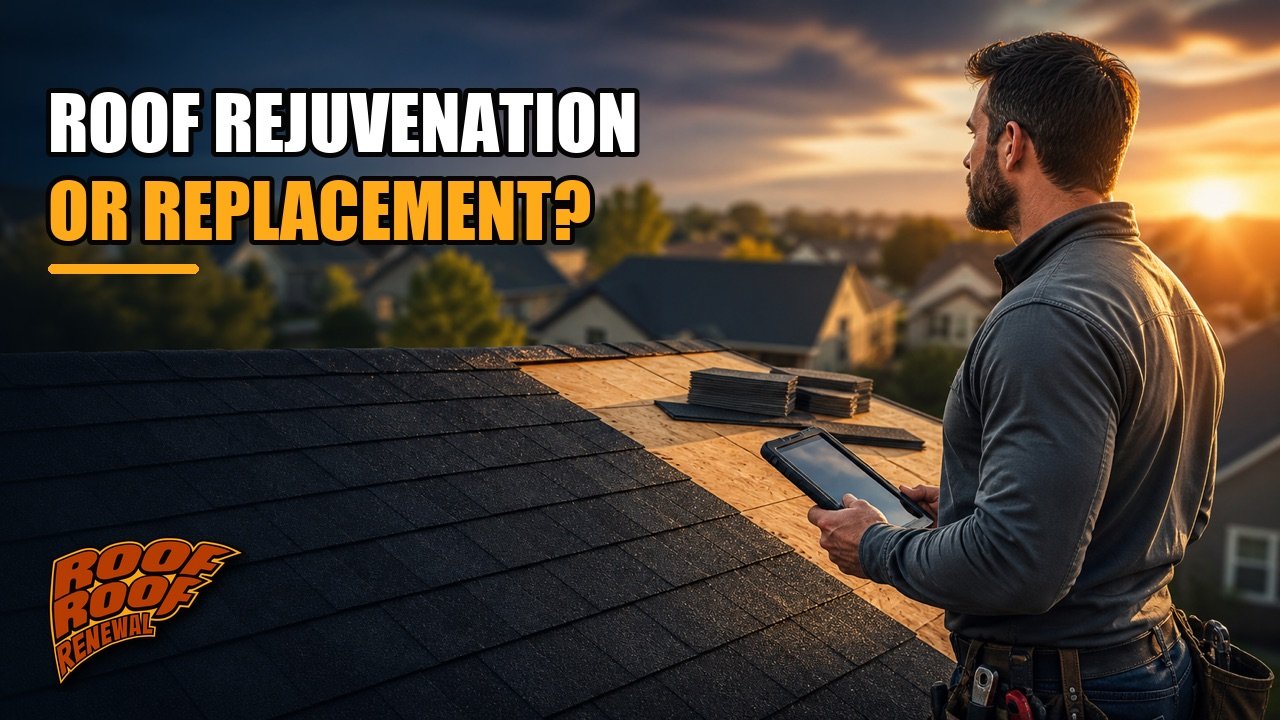 Roofing professional evaluating whether an asphalt roof needs rejuvenation or replacement