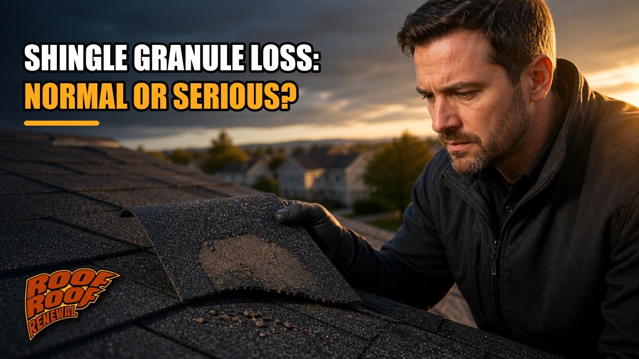 Roofing professional inspecting granule loss on an asphalt shingle roof