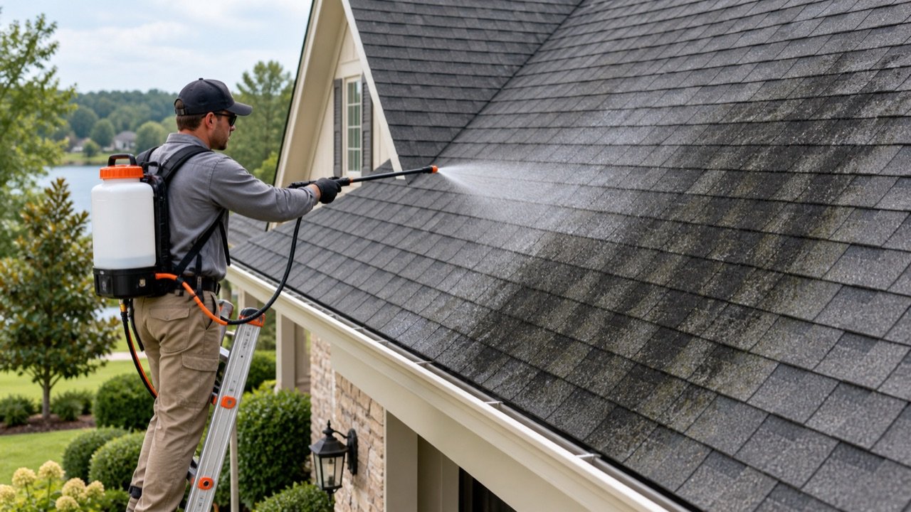 Roof-care professional treating black algae streaks on asphalt shingles with a low-pressure application
