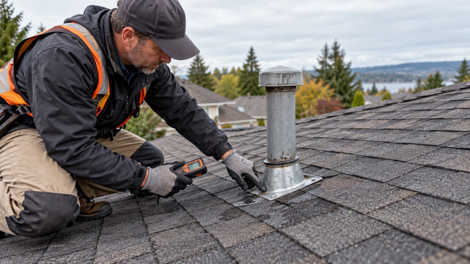 Roofing professional diagnosing moisture around a vent pipe flashing on an asphalt shingle roof