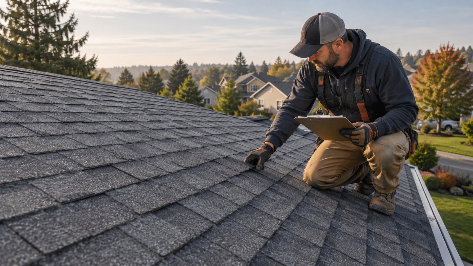 Roofing professional inspecting asphalt shingles during a roof rejuvenation follow-up