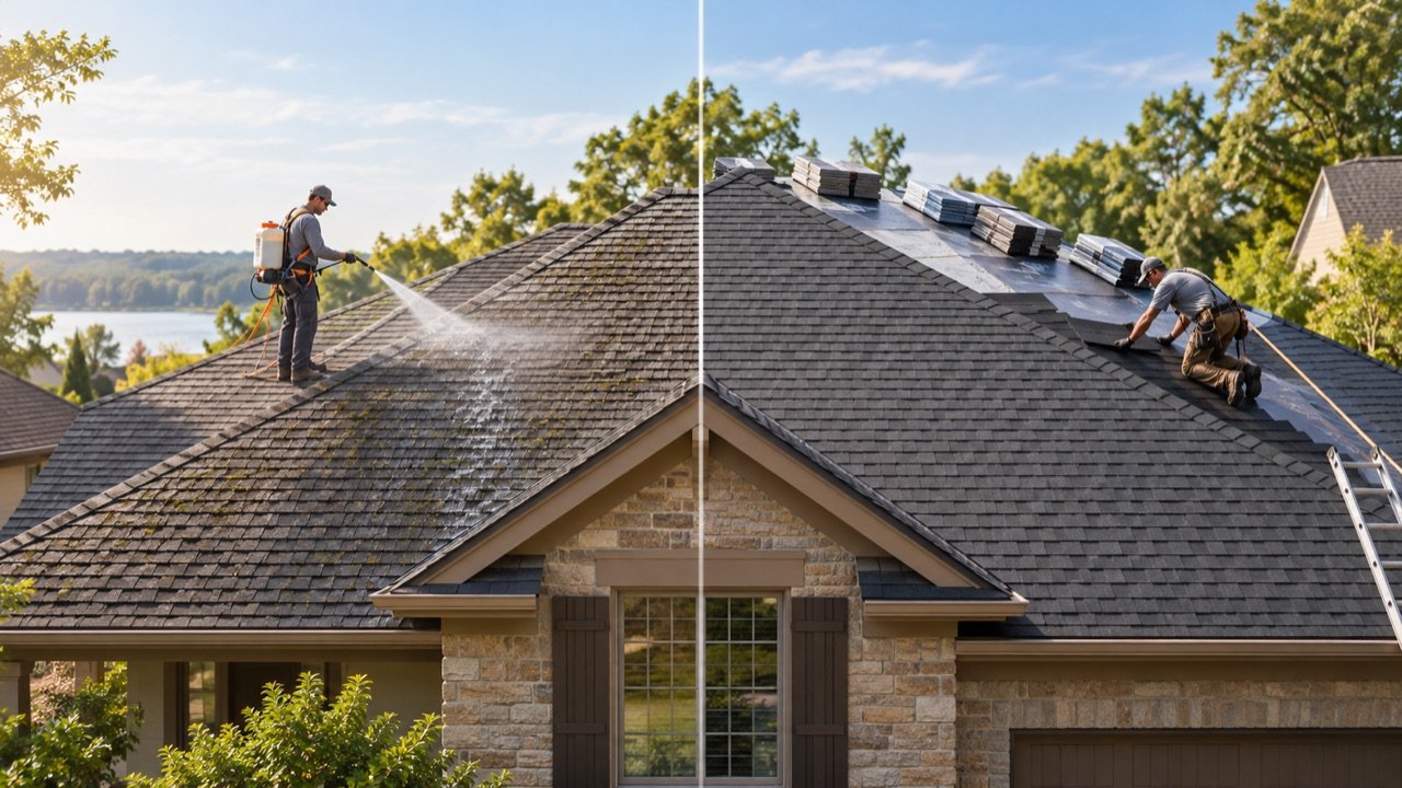 Split view comparing roof rejuvenation with full asphalt-shingle roof replacement