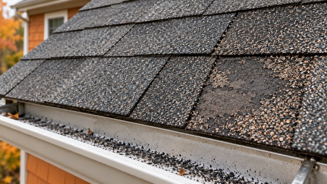 Close view of asphalt shingles showing localized granule loss above granules collected in a gutter