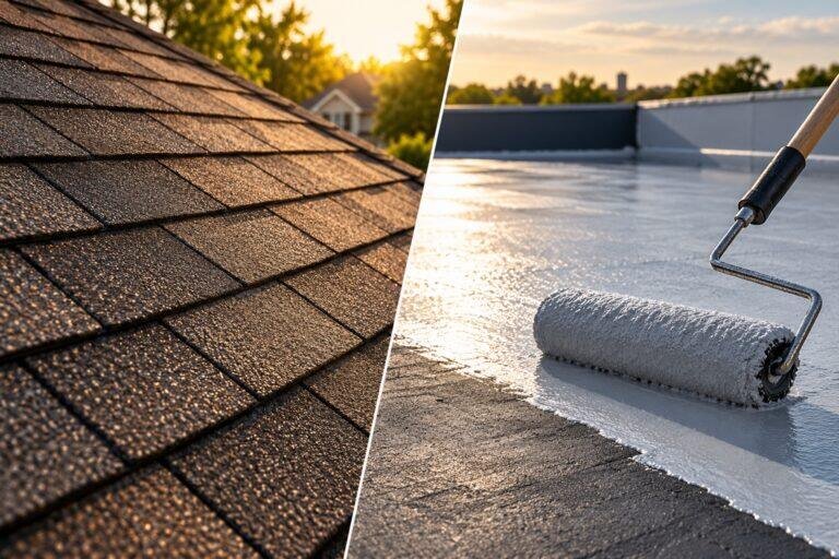 Illustration comparing asphalt shingles with a coating roller on a flat roof