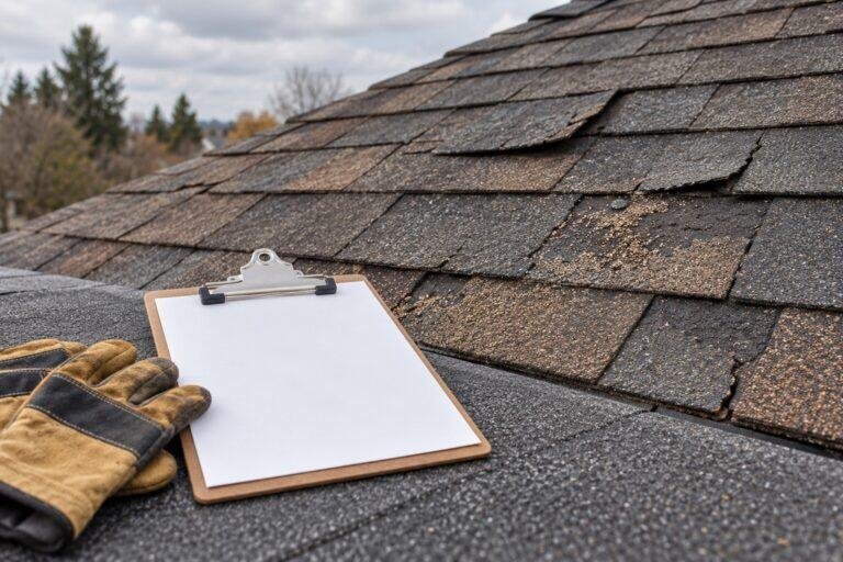 Illustration of aging asphalt shingles beside inspection notes