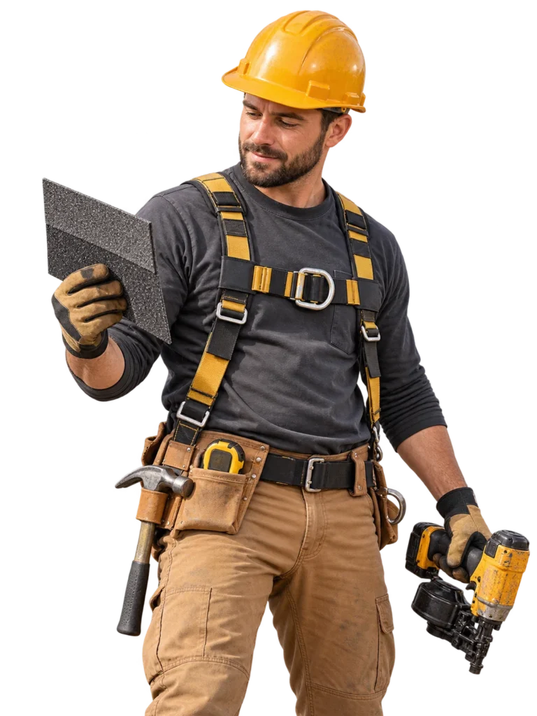 Illustrative roofer in safety gear inspecting an asphalt shingle and holding roofing equipment
