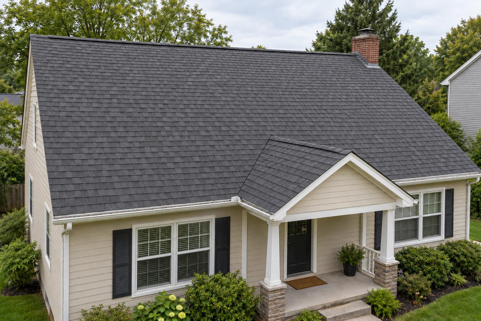 AI-generated illustration of the same asphalt-shingle roof after renovation, with clean, intact architectural shingles