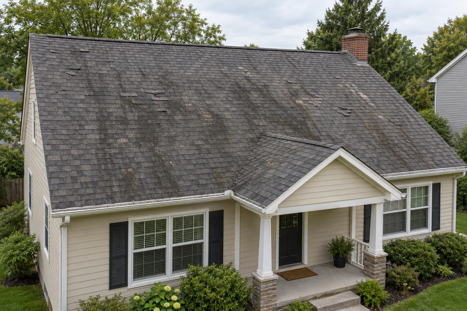 AI-generated illustration of the same asphalt-shingle roof before renovation, showing worn and lifted shingles